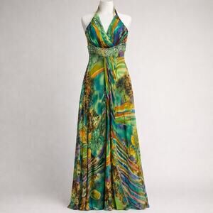 Vtg Y2K Cache Luxe 100% Silk Floral Beaded Fairy Flowing Gown Maxi Dress 6